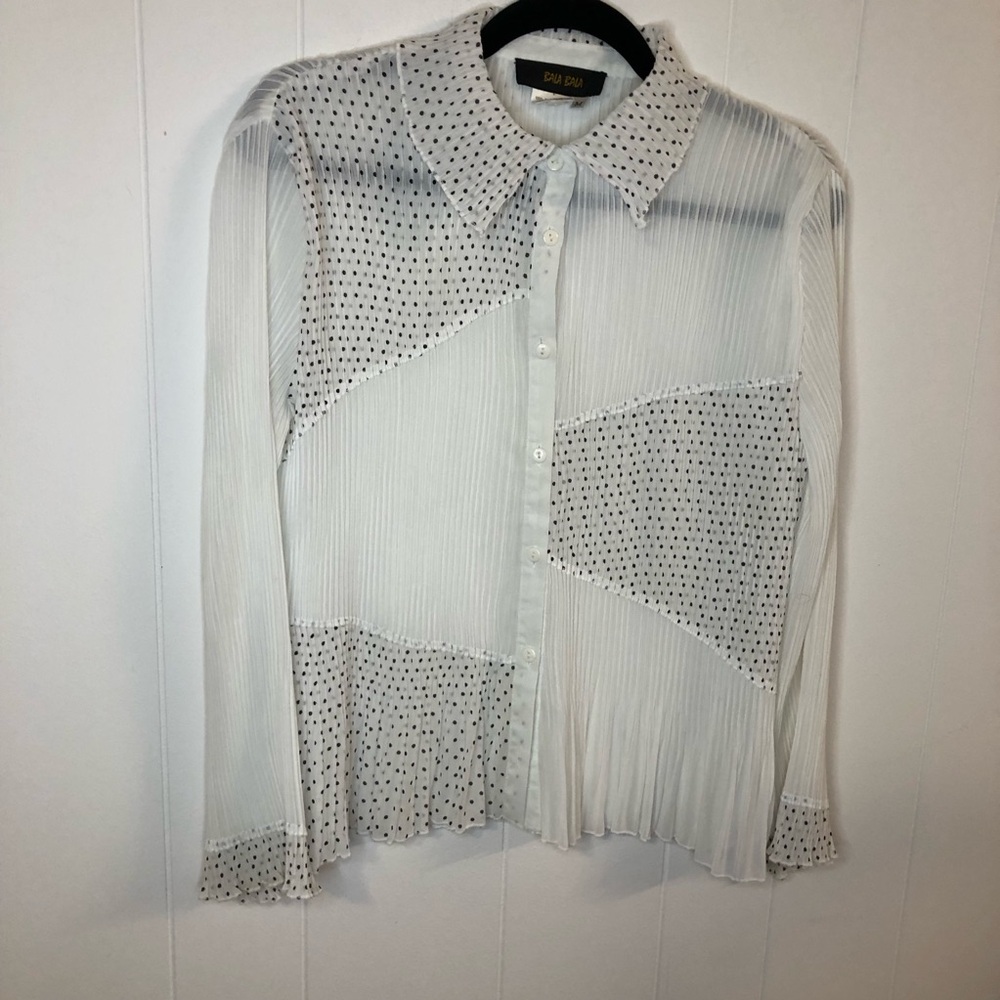 White Sheer Button-Down Blouse with Dot Panels